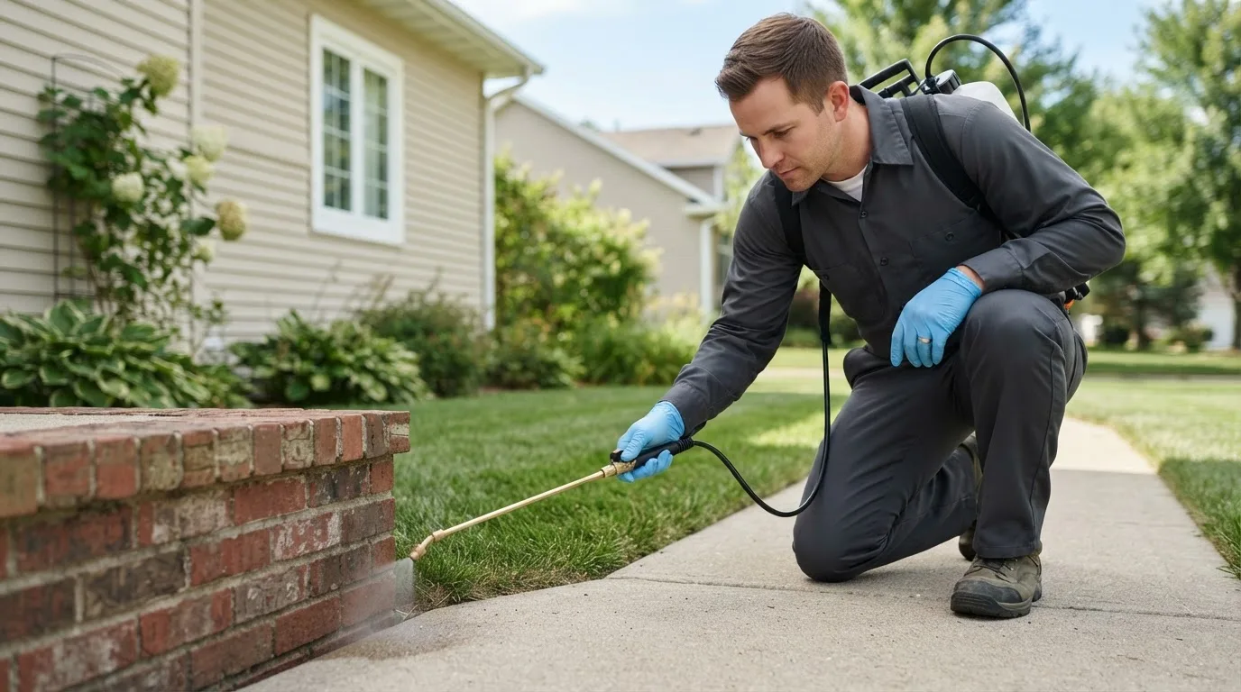 Pest control technician treating a home near Badger, SD
